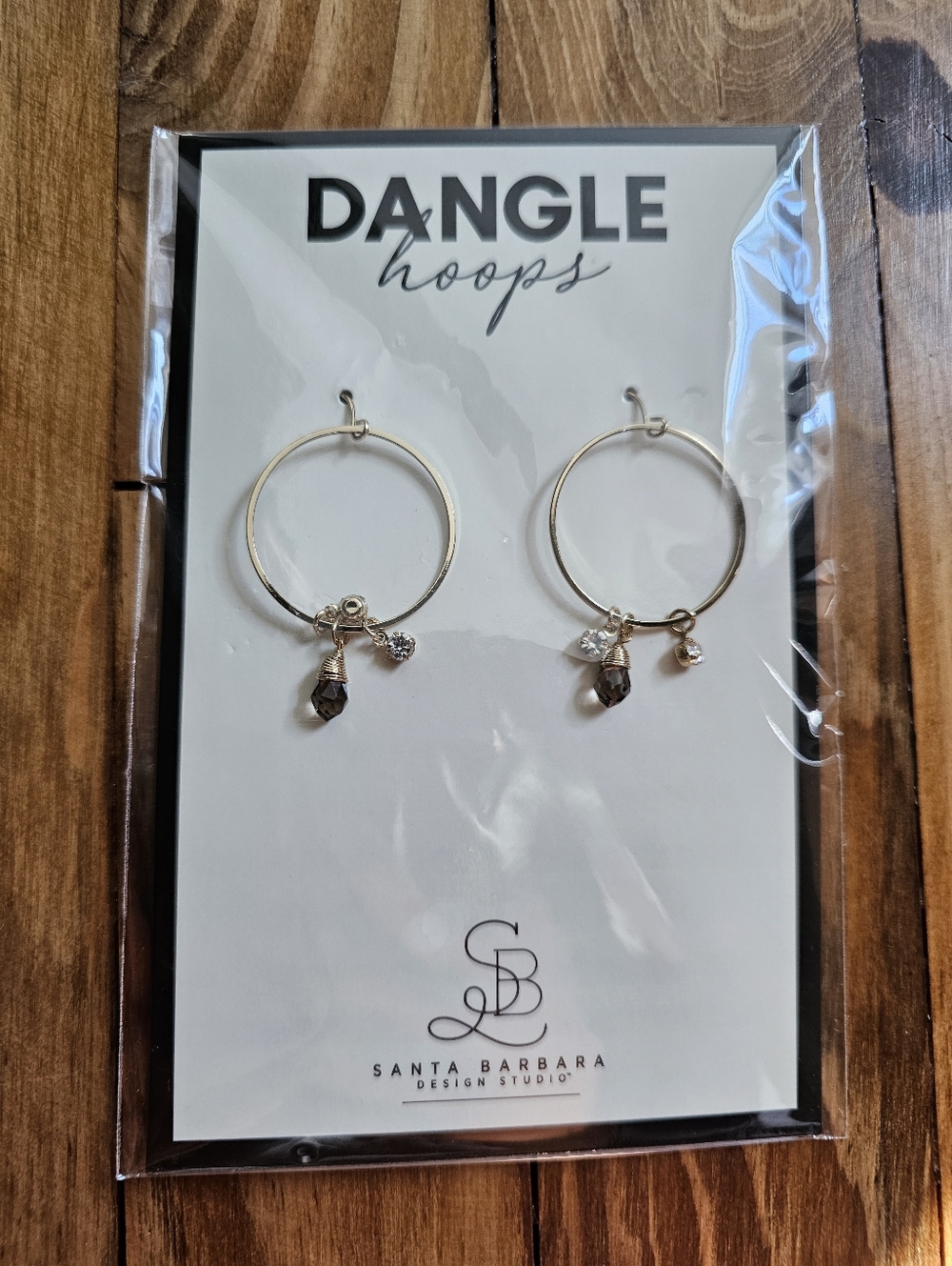 NWT Santa Barbara Dangle Charcoal Gold Hoop Earrings